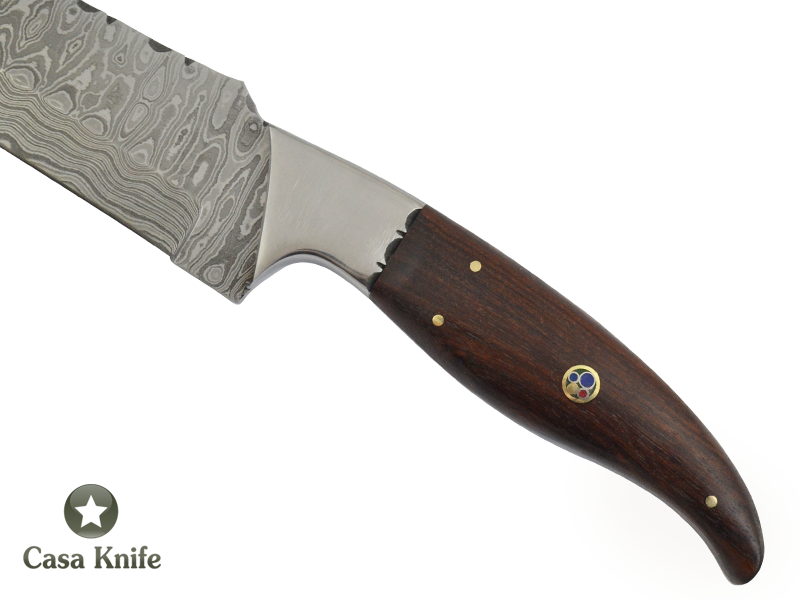 Faca Cheff churrasco para colecionador forjada em aço damasco, Empunhadura em Rádica de Roseira, 37 cm