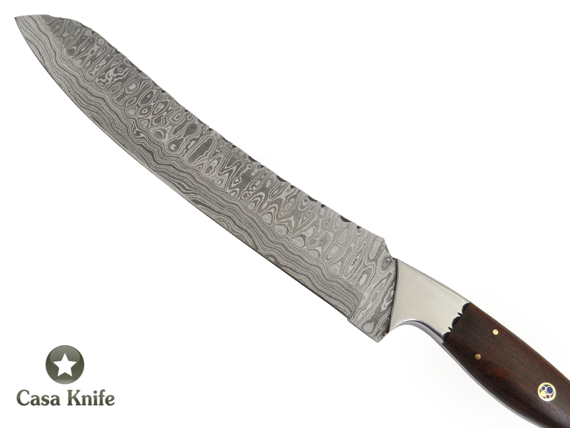Faca Cheff churrasco para colecionador forjada em aço damasco, Empunhadura em Rádica de Roseira, 37 cm