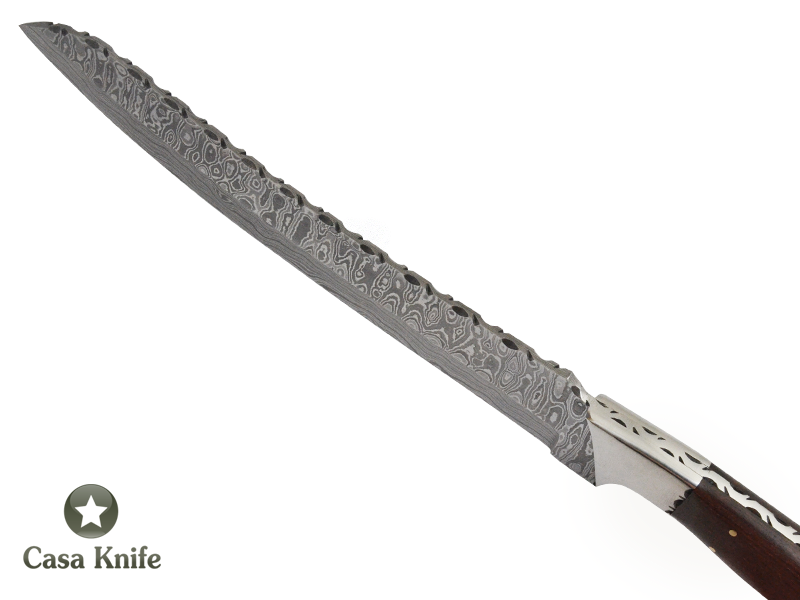 Faca Cheff churrasco para colecionador forjada em aço damasco, Empunhadura em Rádica de Roseira, 37 cm