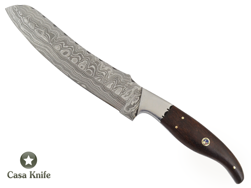 Faca Cheff churrasco para colecionador forjada em aço damasco, Empunhadura em Rádica de Roseira, 32 cm