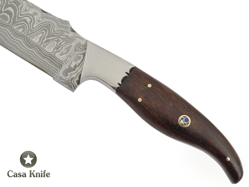 Faca Cheff churrasco para colecionador forjada em aço damasco, Empunhadura em Rádica de Roseira, 32 cm