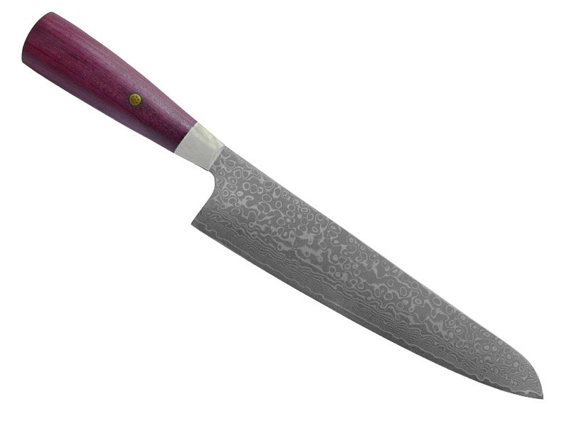 Faca cheff forjada em aço damasco. Empunhadura em madeira Roxinho do Pará, 34 cm