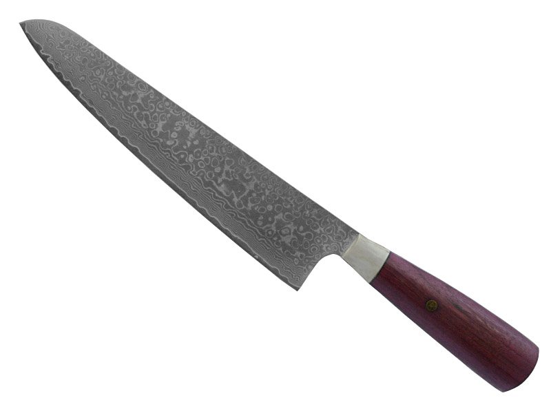 Faca cheff forjada em aço damasco. Empunhadura em madeira Roxinho do Pará, 34 cm
