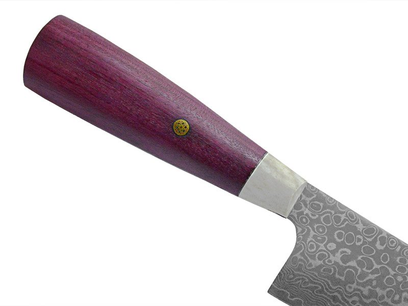 Faca cheff forjada em aço damasco. Empunhadura em madeira Roxinho do Pará, 34 cm