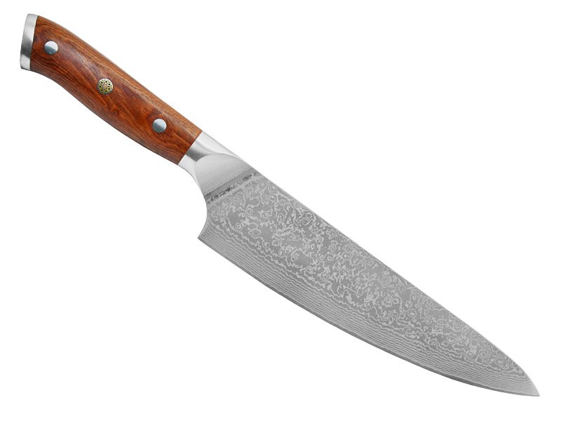 Faca cheff integral para colecionador em aço damasco. Empunhadura em Jacarandá da Bahia, 33 cm