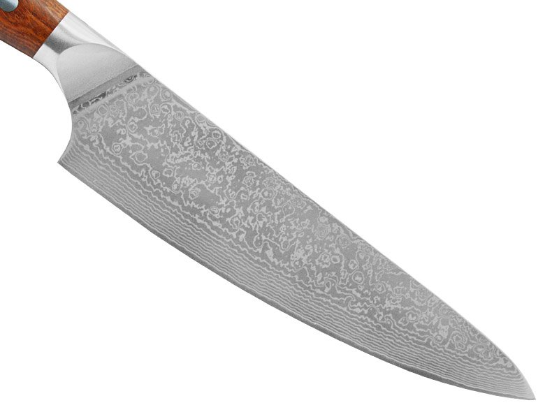 Faca cheff integral para colecionador em aço damasco. Empunhadura em Jacarandá da Bahia, 33 cm