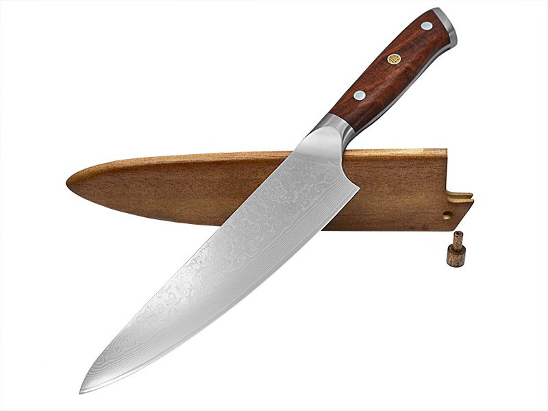 Faca cheff integral para colecionador em aço damasco. Empunhadura em Jacarandá da Bahia, 33 cm