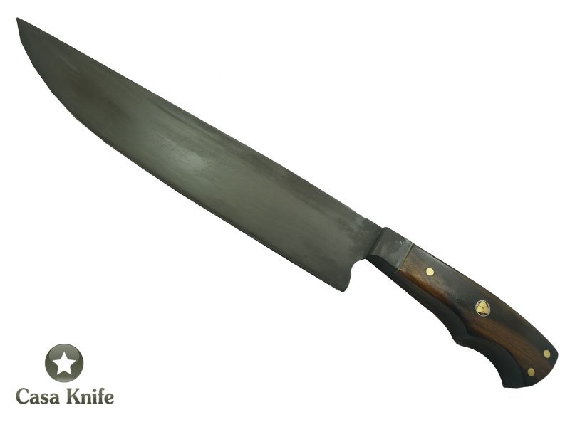 Faca Cheff para colecionador forjada em aço 5160 com oxidação preta. Empunhadura em Jacaranda Bahia, 38 cm