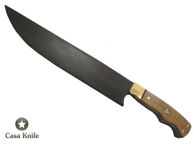 Faca Cheff para colecionador forjada em aço 5160 com oxidação preta. Empunhadura em Louro Faia. 38 cm
