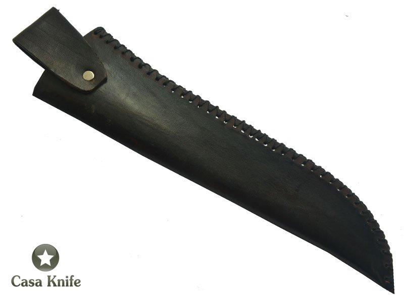 Faca Cheff para colecionador forjada em aço 5160 com oxidação preta. Empunhadura em Louro Faia. 38 cm
