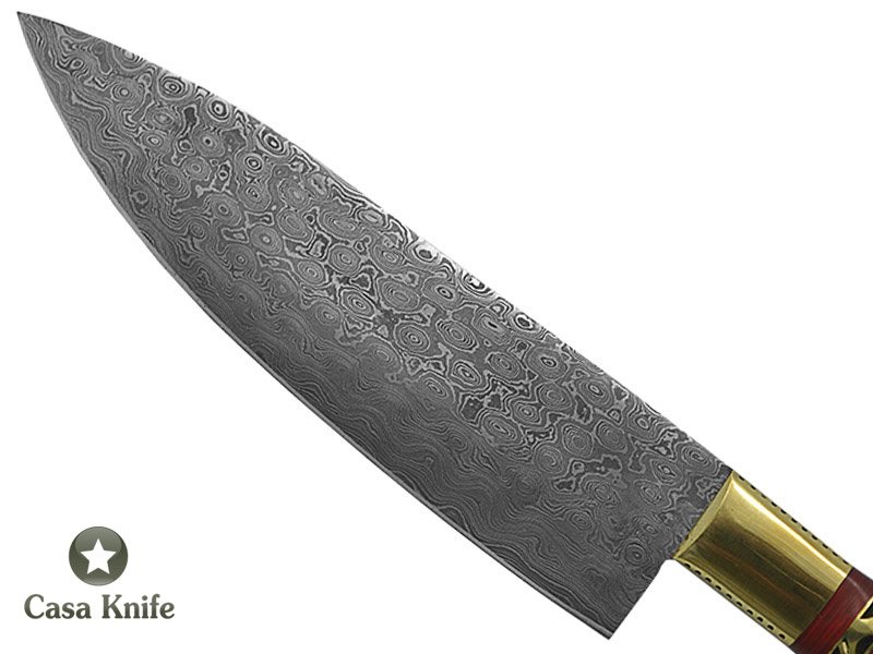 Faca Cheff para colecionador forjada em aço damasco. Empunhadura em Pakawood, 31 cm.