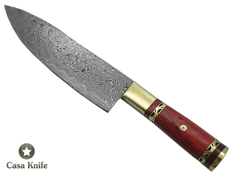 Faca Cheff para colecionador forjada em aço damasco. Empunhadura em Pakawood, 31 cm.