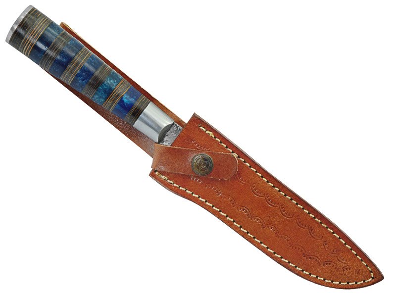 Faca Cheff para colecionador forjada em aço damasco. Empunhadura em resina e madeira laminada, 28 cm