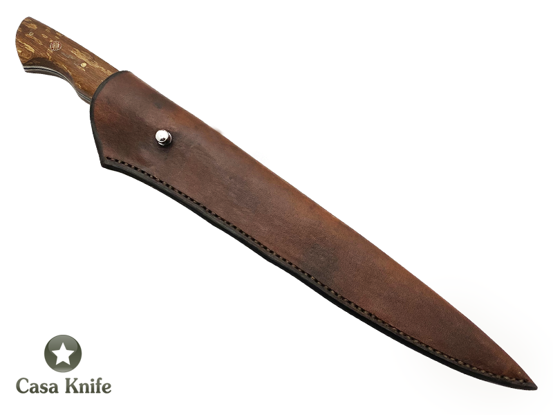 Faca Cheff para colecionador forjado em aço San Mai com 10 polegadas com oxidaçao preta. Empunhadura em Spalted de louro fáia estabilizado,39 cm