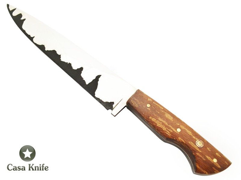 Faca Cheff para colecionador forjado em aço San Mai com 10 polegadas com oxidaçao preta. Empunhadura em Spalted de louro fáia estabilizado,39 cm