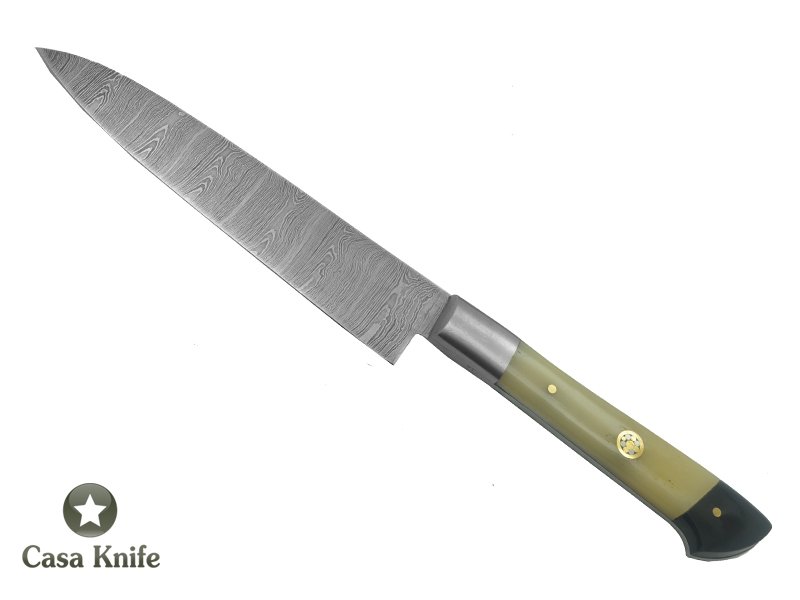 Faca Cheff para colecionador forjado em aço damasco. Empunhadura em Chifre de Búfalo e Osso de Camelo, 25 cm