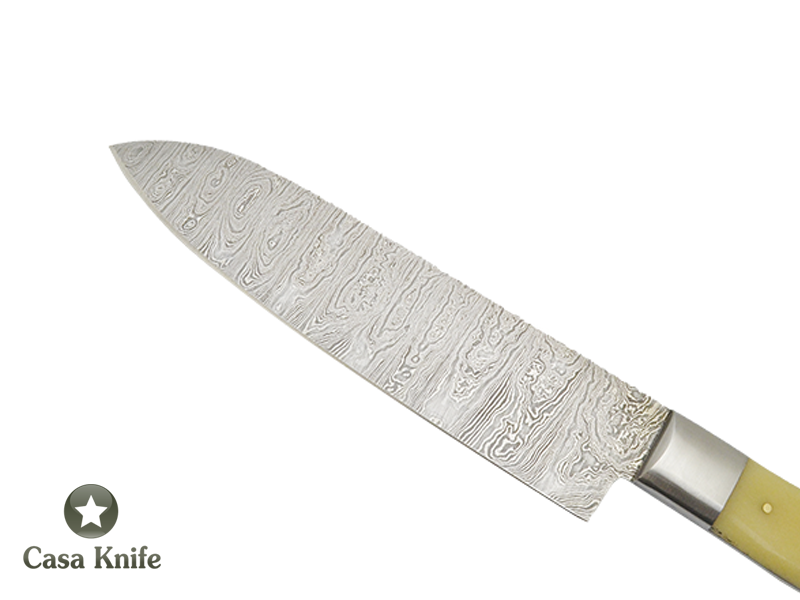 Faca Cheff para colecionador forjado em aço damasco. Empunhadura em Chifre de Búfalo e Osso de Camelo, 29 cm