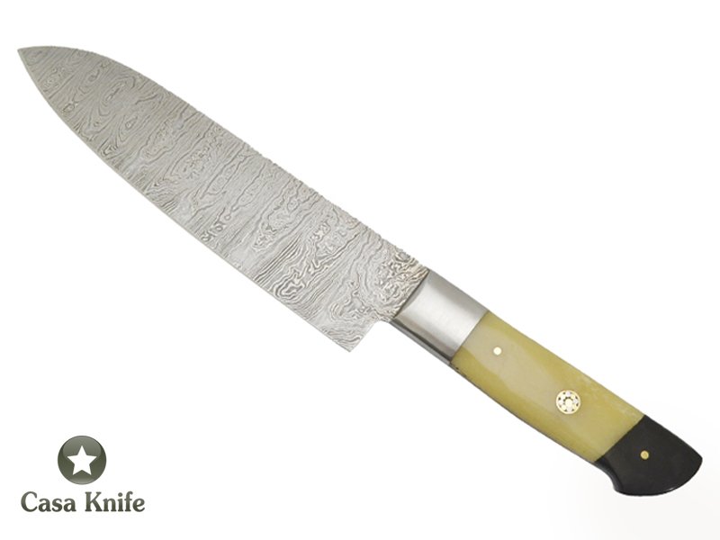 Faca Cheff para colecionador forjado em aço damasco. Empunhadura em Chifre de Búfalo e Osso de Camelo, 29 cm