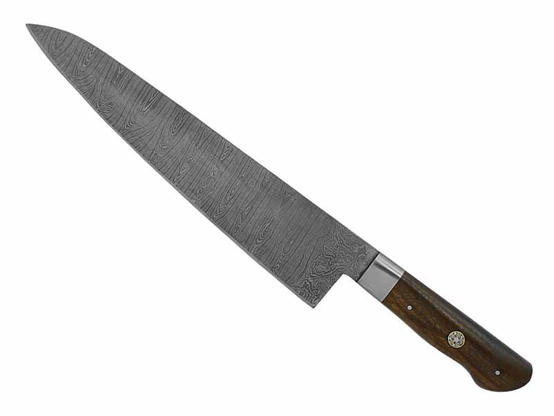 Faca Cheff para colecionador forjado em aço damasco. Empunhadura em madeira de braúna, 38 cm