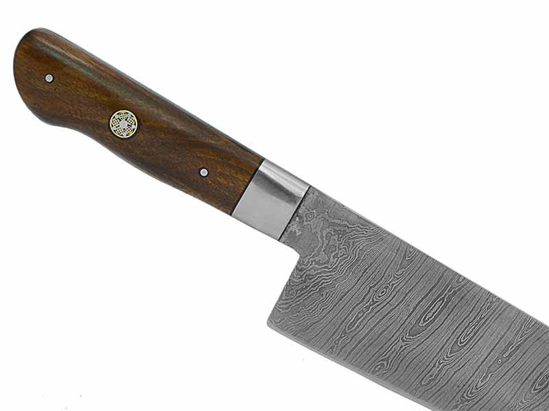 Faca Cheff para colecionador forjado em aço damasco. Empunhadura em madeira de braúna, 38 cm