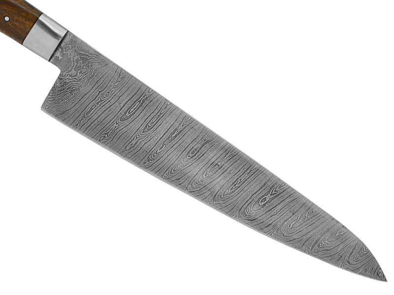 Faca Cheff para colecionador forjado em aço damasco. Empunhadura em madeira de braúna, 38 cm