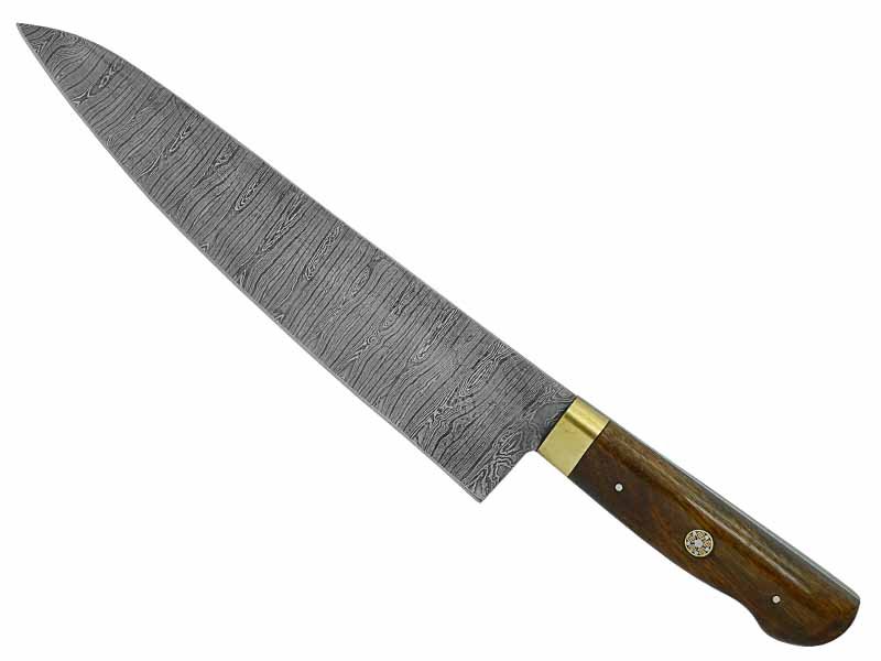 Faca Cheff para colecionador forjado em aço damasco. Empunhadura em madeira de canela preta, 38 cm