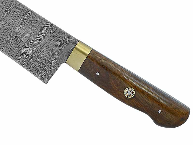 Faca Cheff para colecionador forjado em aço damasco. Empunhadura em madeira de canela preta, 38 cm