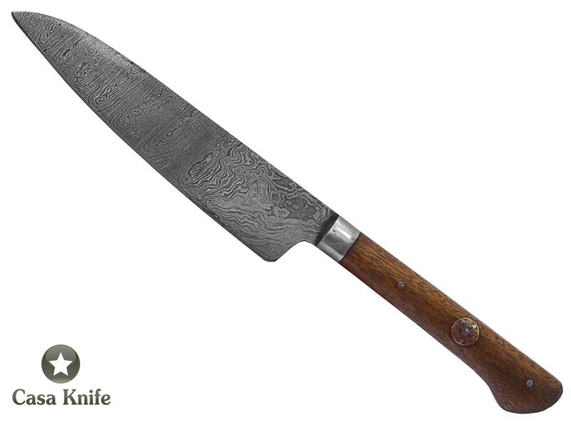 Faca Cheff para colecionador forjada em aço damasco. Empunhadura em madeira de guarapeira, 24 cm