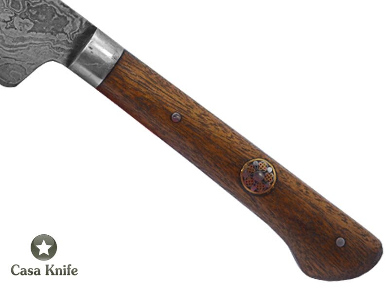 Faca Cheff para colecionador forjada em aço damasco. Empunhadura em madeira de guarapeira, 24 cm