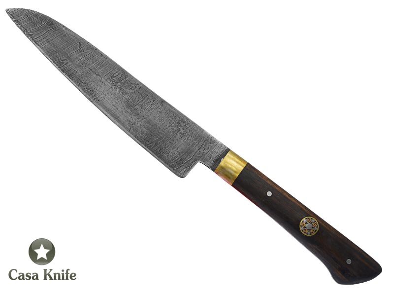 Faca Cheff para colecionador forjado em aço damasco. Empunhadura em madeira de Jacarandá da Bahia, 25 cm
