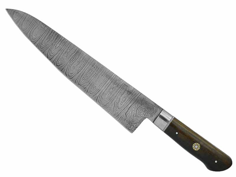 Faca Cheff para colecionador forjado em aço damasco. Empunhadura em madeira de tapicurú, 38 cm