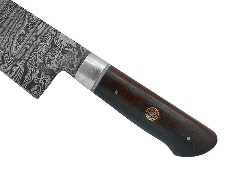 Faca Cheff para colecionador forjado em aço damasco. Empunhadura em madeira de tapicurú, 38 cm