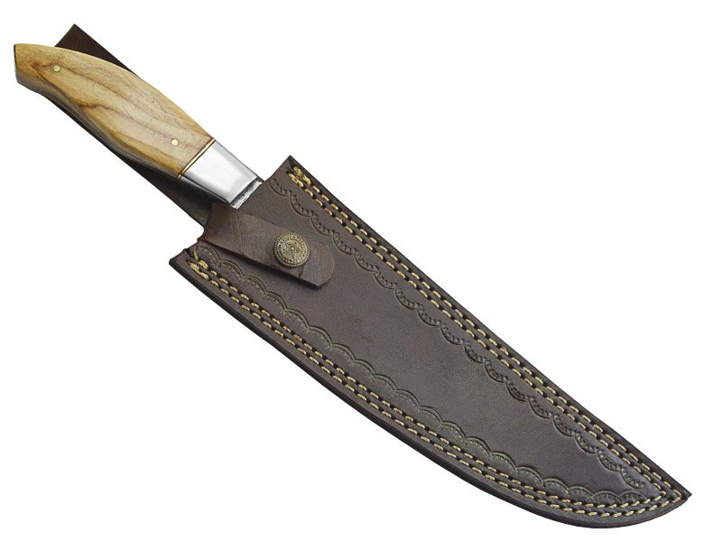 Faca Cheff para colecionador forjado em aço damasco. Empunhadura em oliveira, 32 cm
