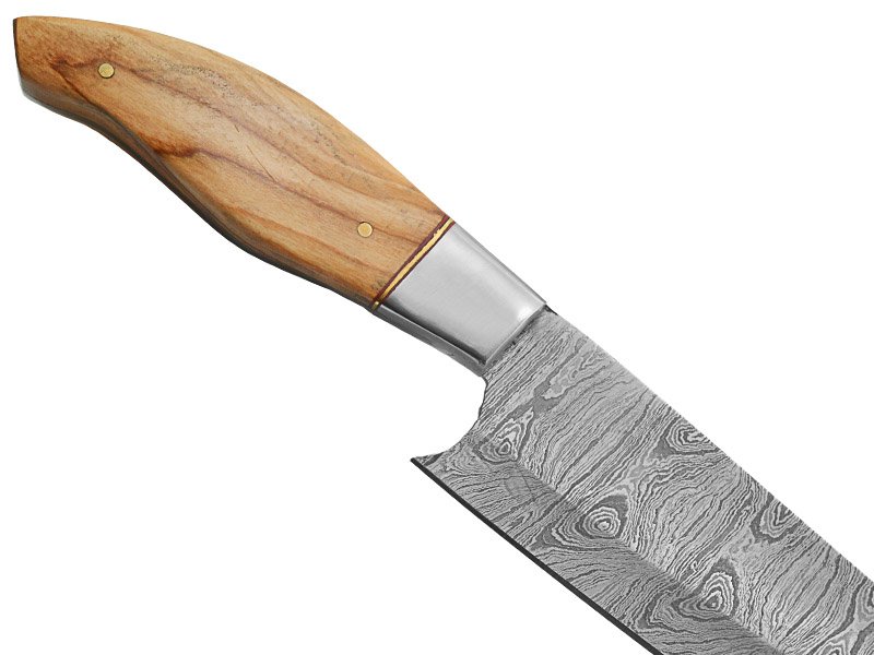 Faca Cheff para colecionador forjado em aço damasco. Empunhadura em oliveira, 32 cm