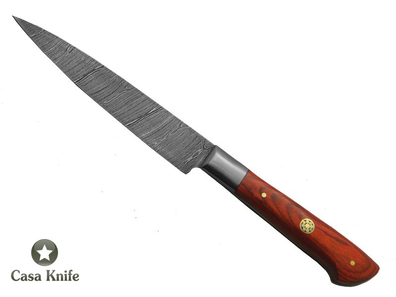 Faca Cheff para colecionador forjado em aço damasco. Empunhadura em Pakawood, 24 cm