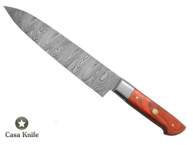 Faca Cheff para colecionador forjado em aço damasco. Empunhadura em Pakawood, 31 cm