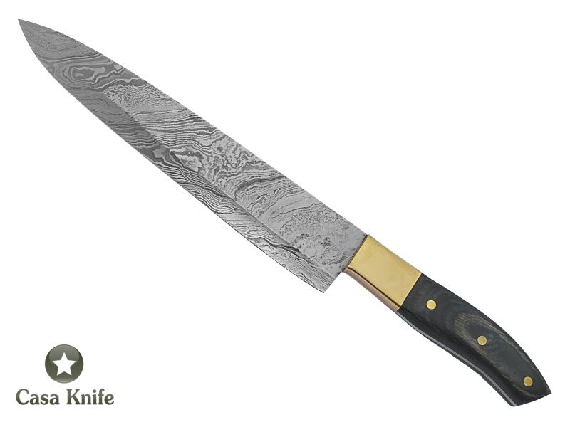 Faca cheff para colecionador forjado em aço damasco. Empunhadura em Pakawood, 32 cm