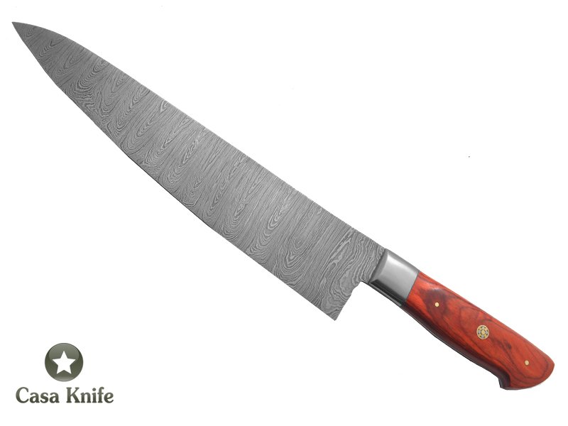 Faca Cheff para colecionador forjado em aço damasco. Empunhadura em Pakawood, 38 cm