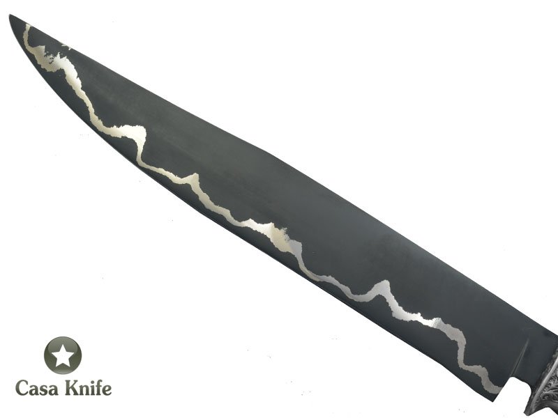 Faca Cheff para colecionador forjado em aço Go May 10 polegadas com oxidaçao preta. Empunhadura em Radica de Ibuia, 40 cm