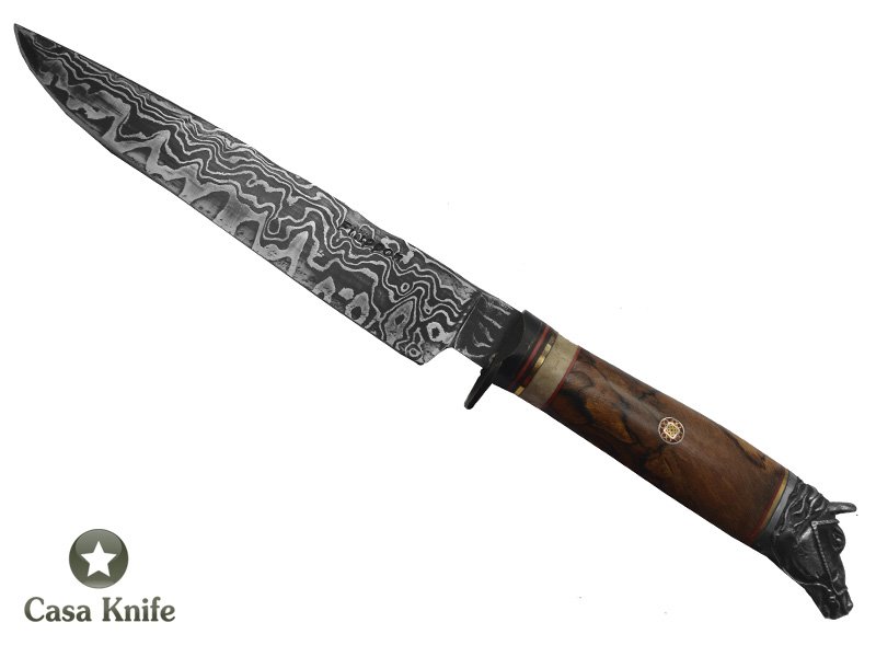 Adelar Filippon faca Churrasco para colecionador forjado em aço damasco, empunhadura em Spalted Platano estabilizado. 30 cm