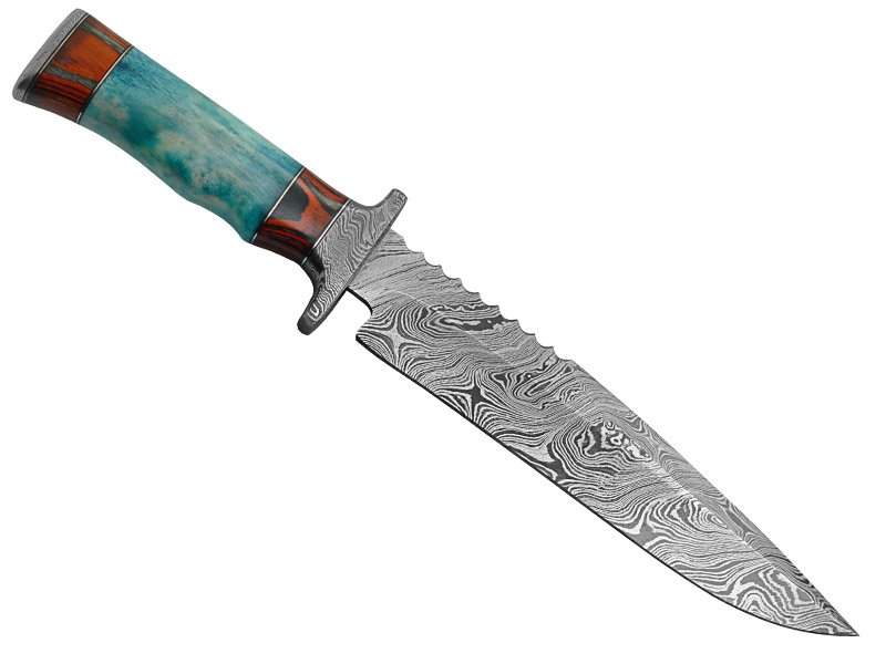 Faca custom para colecionador em aço damasco. Empunhadura em osso de boi, 34 cm