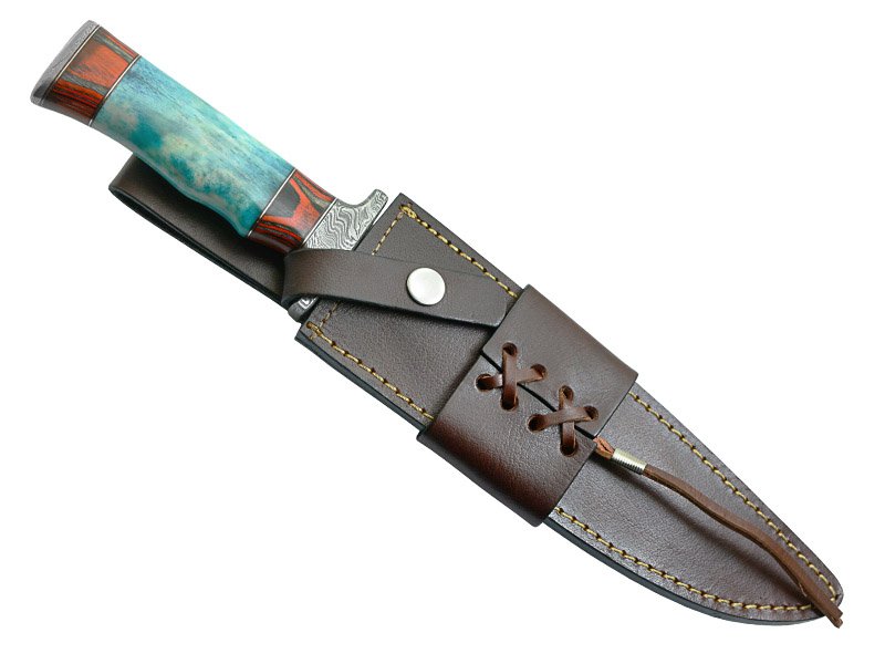 Faca custom para colecionador em aço damasco. Empunhadura em osso de boi, 34 cm