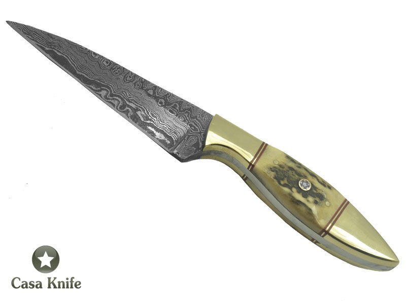 Faca Custon para colecionador forjado em aço damasco. Empunhadura em Cervo Colorado, 23 cm