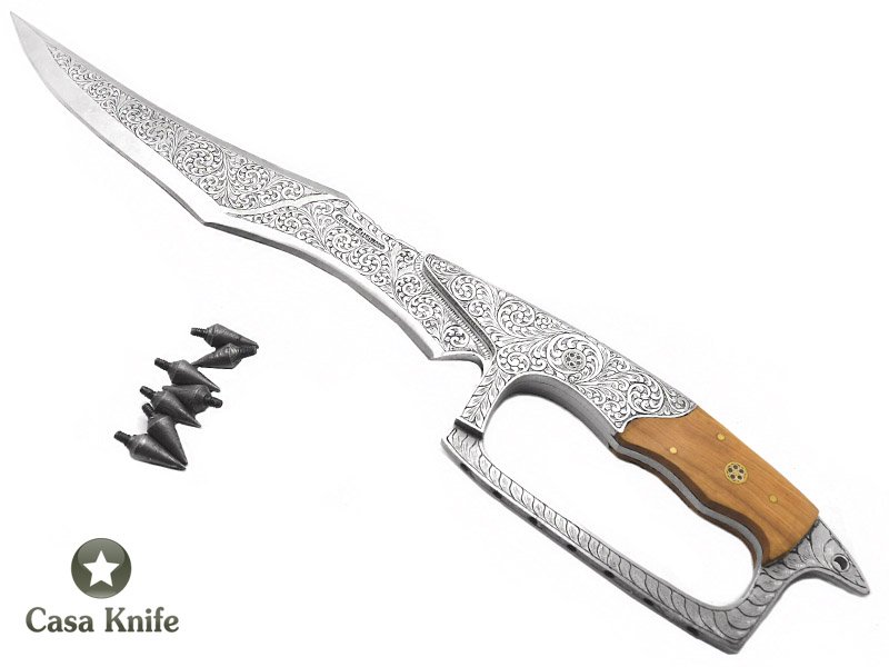 Adaga de combate full tang forjada em aço D2, com empunhadura em madeira de oliveira, 45 cm