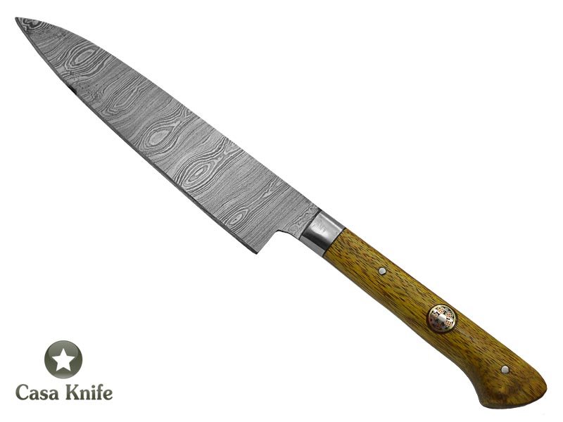 Faca Cheff para colecionador forjado em aço damasco. Empunhadura em madeira de Jaqueira, 25 cm