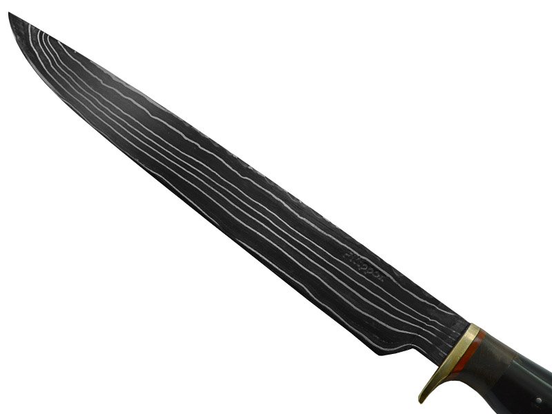 Faca em aço damasco linear. Empunhadura em osso de boi, 38 cm