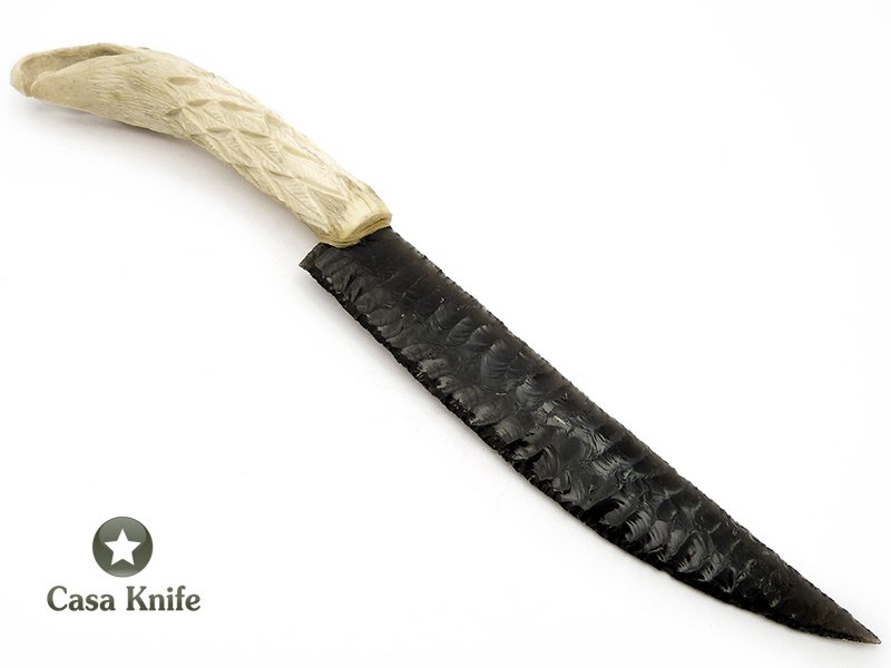 Faca em Obsidiana com empunhadura esculpida em chifre de cervo 35 cm