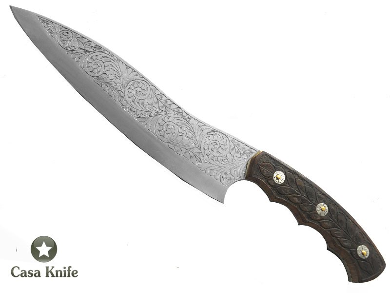 Faca Full Tang para colecionador forjada em aço D2, com empunhadura em Nogueira esculpida, 34 cm