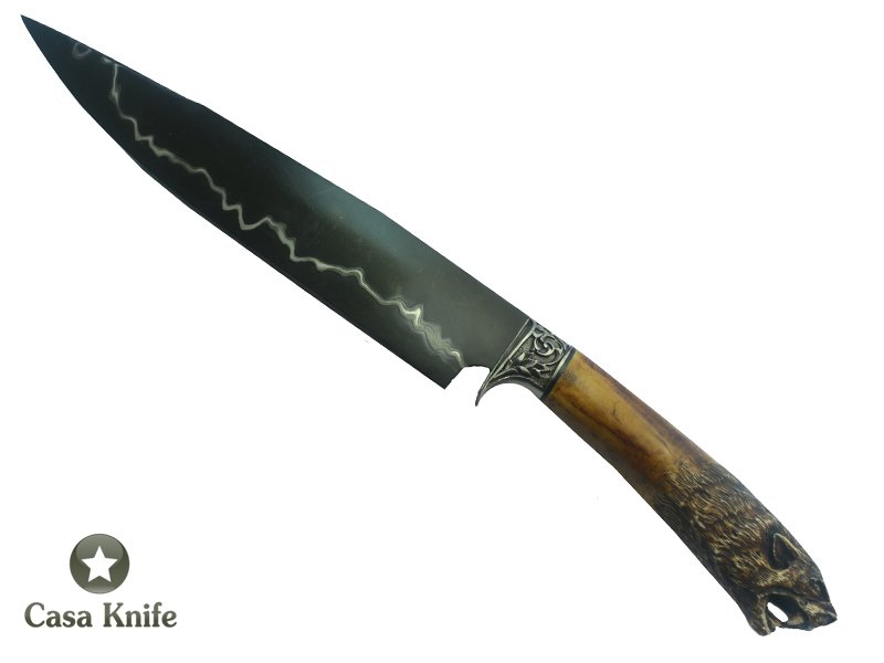 Faca Gaucha para colecionador forjado em aço Go Mai, 3 barras em aço carbono 6160 e 2 em aço inox 420. Empunhadura em Chifre de Cervo esculpido, 37 cm