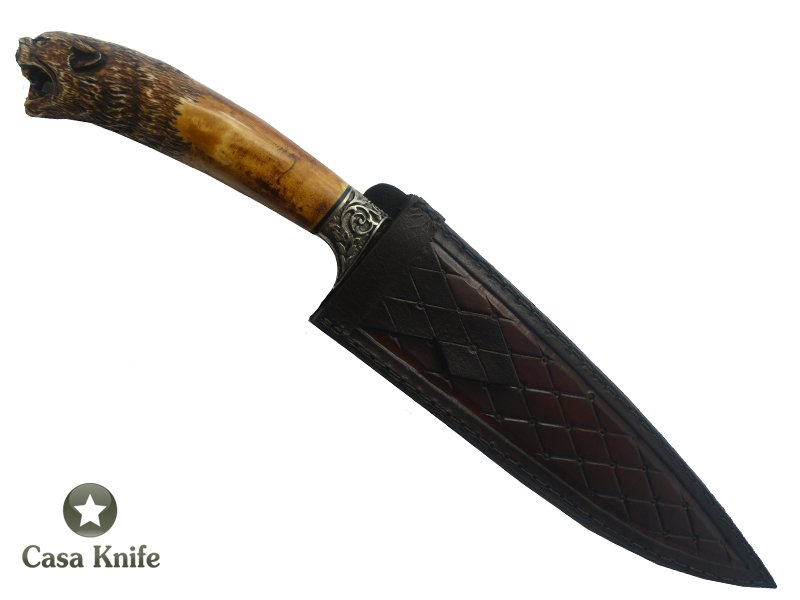 Faca Gaucha para colecionador forjado em aço Go Mai, 3 barras em aço carbono 6160 e 2 em aço inox 420. Empunhadura em Chifre de Cervo esculpido, 37 cm
